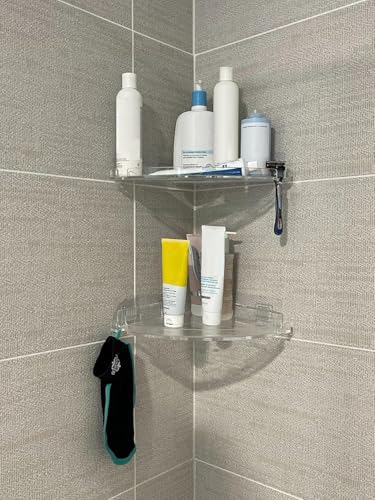 JiePai Adhesive Acrylic Corner Shower Caddy 2 Pack, Rustproof Bath Shelf | Thick clear acrylic, rustproof & mildew resistant. No-drill adhesive mount for corner. For shower, kitchen or bathroom