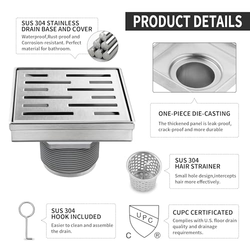 Square Shower Drain 4 inch, Brushed Nickel 304 Stainless Steel Floor Drain for Bathroom, Removable Tile Insert Grate Includes Hair Strainer - color: Brushed Nickel