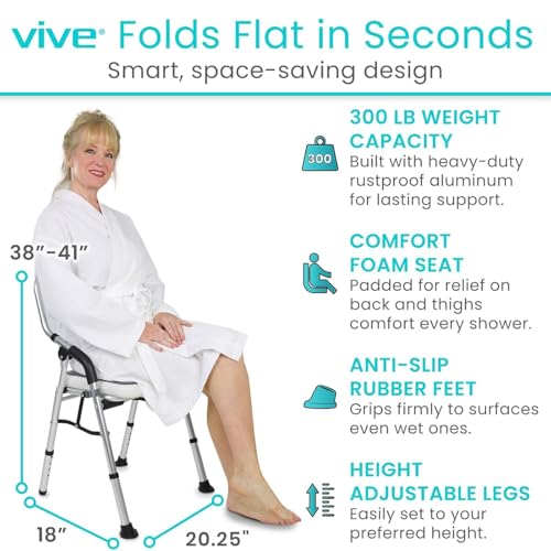 Vive Shower Chair for Elderly and Disabled - Folding Seat with Arms and Back - Foldable Bathroom Chairs for Sitting, Inside Shower - Portable for Travel - Fold Down, Collapsible, Compact & Comfortable | Foldable Bathroom Chairs for Sitting, Inside Shower