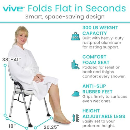 Vive Shower Chair for Elderly and Disabled - Folding Seat with Arms and Back - Foldable Bathroom Chairs for Sitting, Inside Shower - Portable for Travel - Fold Down, Collapsible, Compact & Comfortable | Foldable Bathroom Chairs for Sitting, Inside Shower