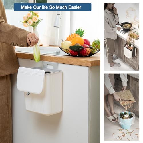 Kitchen Compost Bin Cabinet Hanging Small Trash Can with Lid 2.4 Gallon | Food Waste Bin for Counter Top Under Sink Rv Wall Mounted Bathroom Trash Can - color: white