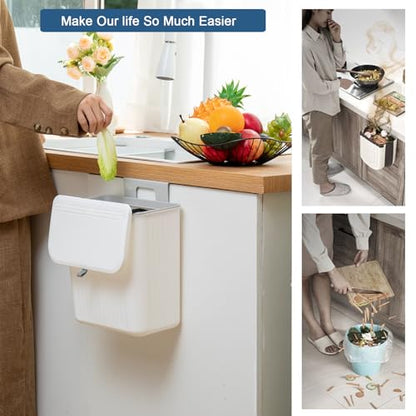 Kitchen Compost Bin Cabinet Hanging Small Trash Can with Lid 2.4 Gallon | Food Waste Bin for Counter Top Under Sink Rv Wall Mounted Bathroom Trash Can - color: white