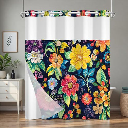 No Hook Shower Curtain with Snap in Liner, Boho Colorful Floral Shower Curtain with Mesh Top Window and Weighted Hem, 71x74 Inches Bohemian Waterproof Fabric Shower Curtain and Removable Liner Set - color: Gorgeous Daisies