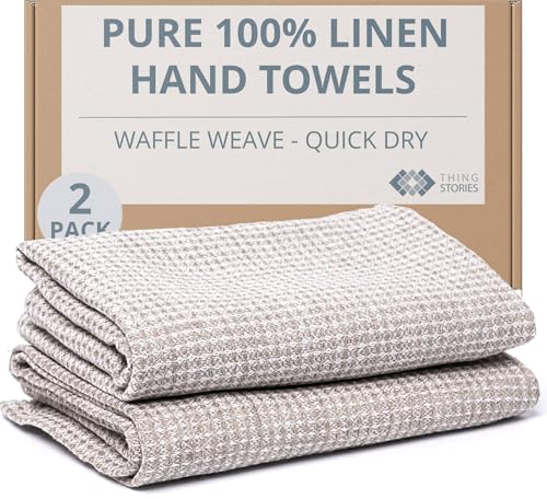 European Flax Linen Kitchen Towels Set of 2 - Handcrafted Stonewashed Waffle Weave Dish Towels, Quick Dry Absorbent Hand Towels for Bathroom & Kitchen - color: White Natural, size: Hand Towels