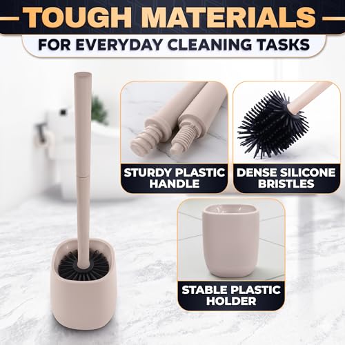 Silicone Toilet Brush and Holder Set - Cream RV Toilet Brush with Holder, Flexible Head, Soft Bristles, Detachable Handle and Freestanding Base, Compact Bathroom Cleaning Tool with Minimalistic Design - color: Cream