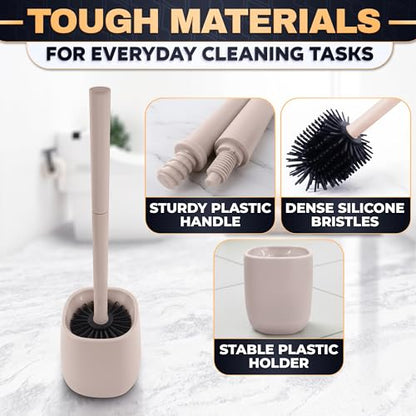 Silicone Toilet Brush and Holder Set - Cream RV Toilet Brush with Holder, Flexible Head, Soft Bristles, Detachable Handle and Freestanding Base, Compact Bathroom Cleaning Tool with Minimalistic Design - color: Cream