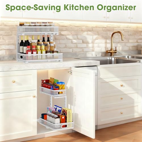 Under Sink Organizer 2-Pack, Metal 2-Tier Pull-Out Cabinet Shelf with Slide-Out Mesh Drawers, Height Adjustable, Space-Saving Under Sink Storage Racks for Kitchen, Bathroom, Laundry Room, White - color: White