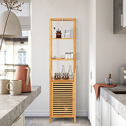 Tall Bamboo Cabinet, Narrow Bathroom Floor Storage Cabinet with 3 Tier Shelves & Shutter Door, Slim Linen Tower Cabinet for Living Room or Kitchen, 15.5 x 14.5 x 65 inches