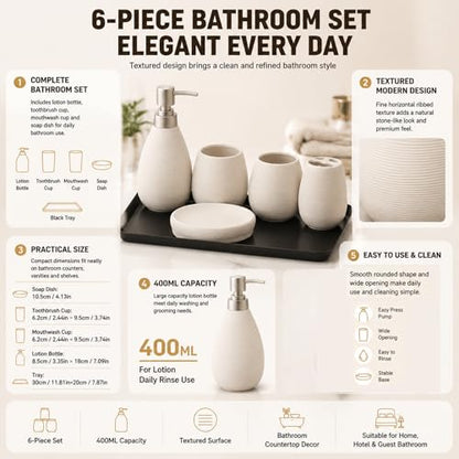 Bathroom Ceramic Accessories Set, 6 Piece Bathroom Set with Including Soap Dispenser Mouthwash Cup Soap Dish Toothbrush Holder Tray (White) - color: White