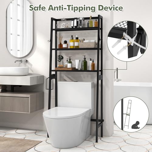 GIANTEX Over The Toilet Storage, 3-Tier Freestanding Bathroom Space Saver with 2 Hooks, Toilet Paper Holder & Adjustable Bottom Bar, Metal Over Toilet Bathroom Organizer for Restroom, Laundry (Black) - color: Black