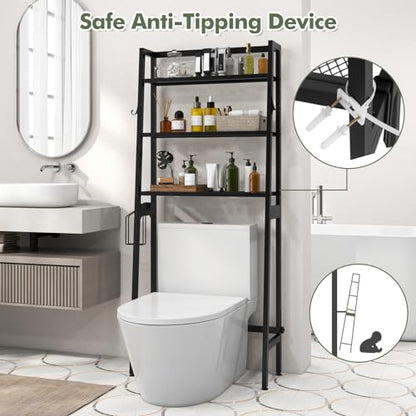 GIANTEX Over The Toilet Storage, 3-Tier Freestanding Bathroom Space Saver with 2 Hooks, Toilet Paper Holder & Adjustable Bottom Bar, Metal Over Toilet Bathroom Organizer for Restroom, Laundry (Black) - color: Black