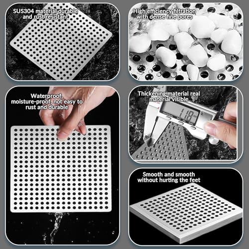 Shower Drain Cover, 5" Square Shower Drain Hair Catcher Stainless Steel Bathroom Strainer with Holes Anti-Clogging Floor Cover Hair Filter for Kitchen Bathroom