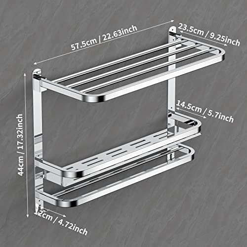 CAXIMSY Towel Rack with Shelf, 22.63" Bathroom Shelf with Double Towel Bars Stainless Steel, Wall Mounted, Foldable Top, 2 Hooks, Adhesive/Screw Install, Space-Saving for Small Bathrooms & Apartments - color: Collapsible Towel Rack With Bathroom Organize