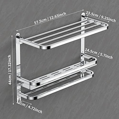 CAXIMSY Towel Rack with Shelf, 22.63" Bathroom Shelf with Double Towel Bars Stainless Steel, Wall Mounted, Foldable Top, 2 Hooks, Adhesive/Screw Install, Space-Saving for Small Bathrooms & Apartments - color: Collapsible Towel Rack With Bathroom Organize