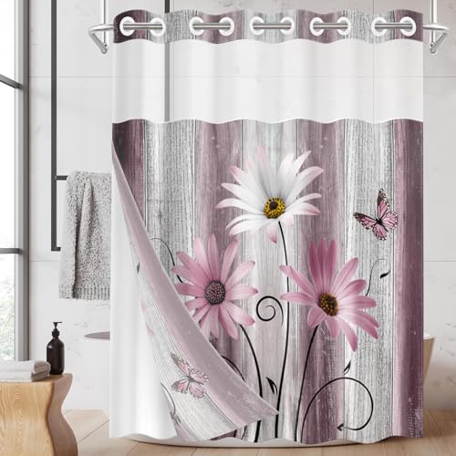 No Hook Shower Curtain with Snap in Liner 54x80 Inch Pink Daisy | Farmhouse Flower Rustic Modern Double Layers Waterproof Fabric with See Through Top Window Open Grommet Bath Curtain - color: Pink Daisy, size: 54"W x 80"L (Pack of 1)