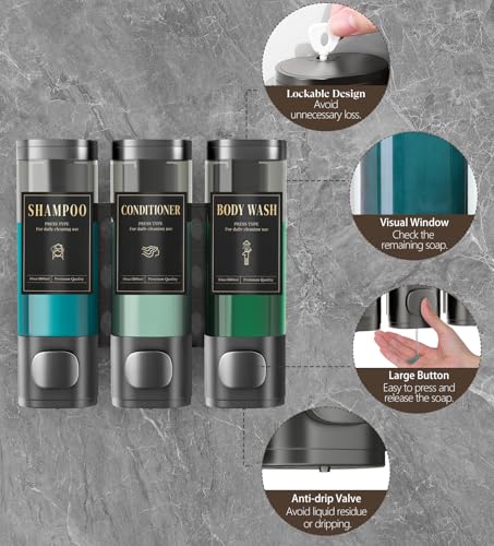 Luxspire Shampoo and Conditioner Dispenser, Shower Soap Dispenser 3-Chamber | Lockable Large Capacity 900ml No-Drill Wall-Mounted Shampoo and Body Wash Dispenser for Bathroom Hotel Kitchen Airbnb - color: Gray, size: 3 Chamber