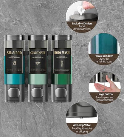 Luxspire Shampoo and Conditioner Dispenser, Shower Soap Dispenser 3-Chamber | Lockable Large Capacity 900ml No-Drill Wall-Mounted Shampoo and Body Wash Dispenser for Bathroom Hotel Kitchen Airbnb - color: Gray, size: 3 Chamber