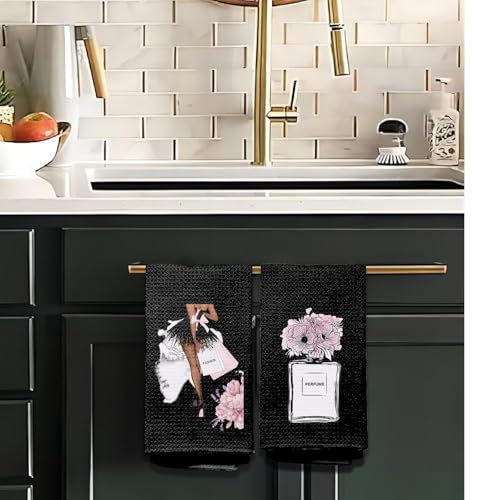 Black & Pink Hand Towels (Set of 2) - Flower Design for Bathroom - color: A - Black Base