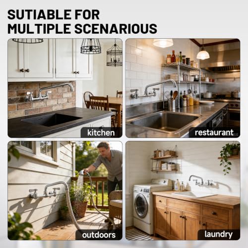 Wall Mount Kitchen Faucet 16" Gooseneck Swivel Spout, Chrome | Lead-Free Solid Brass,Dual Handle Hot/Cold,8" Center,Commercial Sink Faucet for Laundry Restaurant Utility Sinks,Rustproof - size: 16 Inch