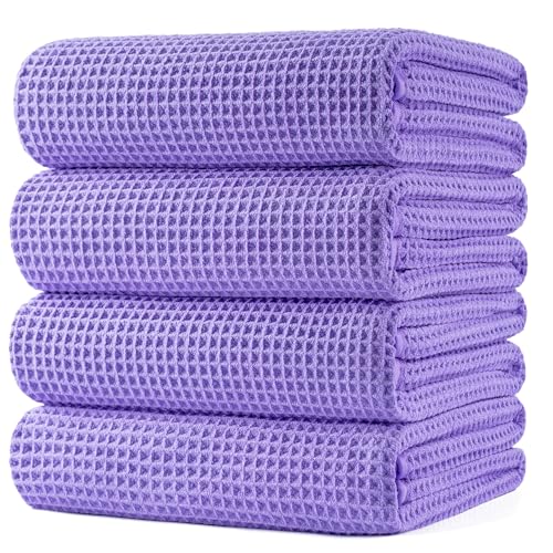 POLYTE 430 GSM Poly Blend Microfiber Quick Dry Waffle Bath Towel, 30x60 in | 4 Pack, Oversize, Lint Free, Body Towel - color: Purple