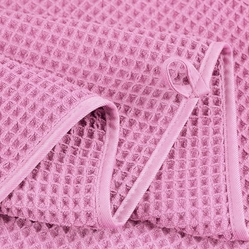 POLYTE 430 GSM Poly Blend Microfiber Quick Dry Waffle Bath Towel Set of 6 | 2-Body Towels, 2-Hand Towels, 2-Wash cloths, Oversize, Lint Free - color: Pink