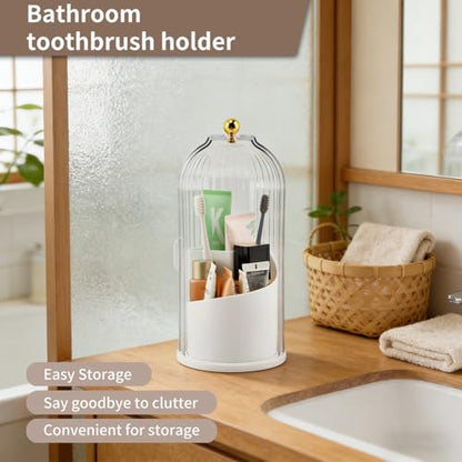 Concealed Toothbrush Holder with Sliding Lid for Bathrooms, White | 360° Rotating 3-Slot Toothpaste Holders with Cover, Waterproof and Dustproof, Concealed Makeup Brush Holder