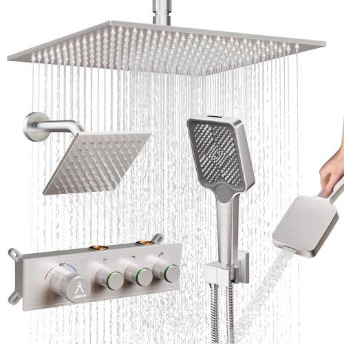 Shower System Brass Thermostatic Shower Faucet Set With Valve and Diverter Shower Mixer With Rain Head and Handheld High Pressure Square Rainfall - color: Brushed Nickel, style: 12+6'' Wall Mount Thermostatic Valve