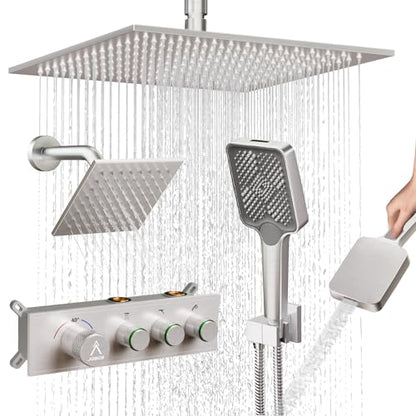 Shower System Brass Thermostatic Shower Faucet Set With Valve and Diverter Shower Mixer With Rain Head and Handheld High Pressure Square Rainfall - color: Brushed Nickel, style: 12+6'' Wall Mount Thermostatic Valve