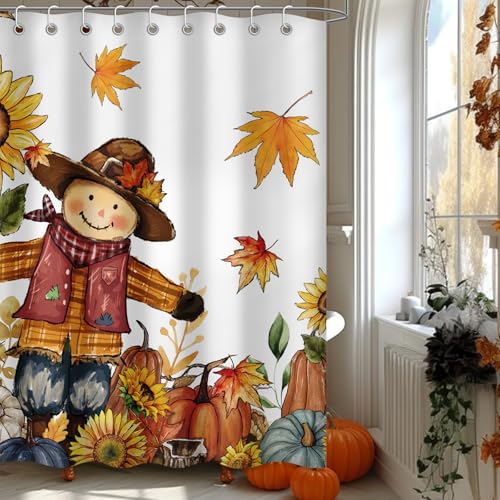 Scarecrow Pumpkin Harvest Shower Curtain Fall Bathroom Curtain Set 72"x72" | Autumn Thanksgiving Home Decor Waterproof Polyester Fabric with Hooks - color: Scarecrow