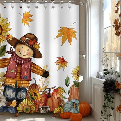 Scarecrow Pumpkin Harvest Shower Curtain Fall Bathroom Curtain Set 72"x72" | Autumn Thanksgiving Home Decor Waterproof Polyester Fabric with Hooks - color: Scarecrow