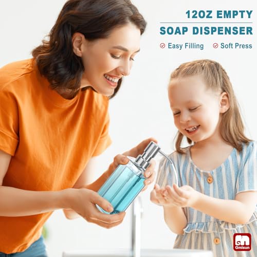 GMISUN Glass Soap Dispenser with Stainless Steel Pump, Clear Hand Soap Dispenser for Bathroom, 12 fl oz/350ml Hand and Dish Soap Dispensers Set for Kitchen, Refillable Liquid Soap and Lotion Bottle - color: Clear Bottle + Sliver Pump