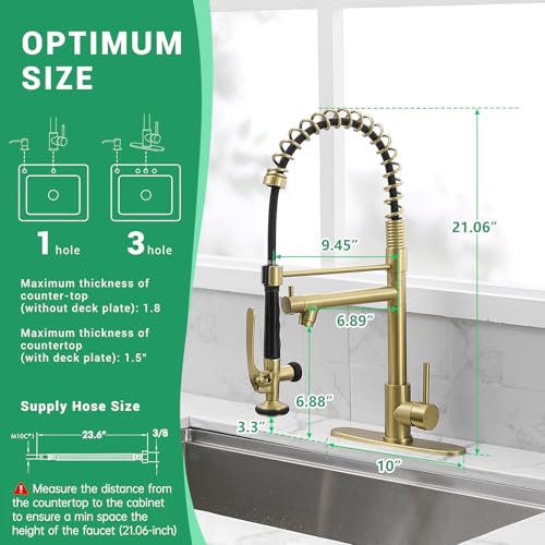 Fapully Commercial Kitchen Sink Faucet with Pull Down Sprayer Brushed Gold | Single Handle Faucets for Kitchen Sink, Kitchen Faucet with Soap Dispenser and Deck Plack for 4 Holes, 1.8GPM Water Flow - color: Brushed Gold, style: Contemporary
