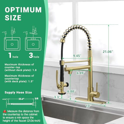 Fapully Commercial Kitchen Sink Faucet with Pull Down Sprayer Brushed Gold | Single Handle Faucets for Kitchen Sink, Kitchen Faucet with Soap Dispenser and Deck Plack for 4 Holes, 1.8GPM Water Flow - color: Brushed Gold, style: Contemporary