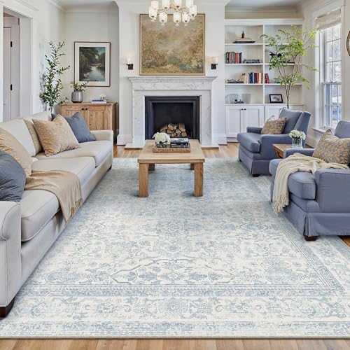 9x12 Light Blue Vintage Floral Washable Area Rug for Living Room | Low Pile, Non Slip, Retro Style, Soft Distressed Large Area Rug for Living Room, Bedroom, Dining Room, Office, Home Decor - color: Retro | Light Blue, size: 9' x 12' (Rectangular)