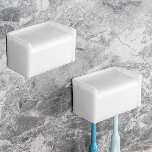 2 Pack Toothbrush Holder Wall Mounted with Cover for Bathroom, 2 Slots Toothbrush Storage Organizer for Shower, Self Adhesive Toothbrush Hanger Rack for Dorm, Cabinet (White) - color: White Acrylic, size: 2 PACK