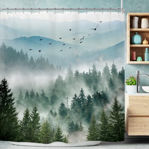 Extra Green Mountain Rustic Nature Scenery Bathroom Shower Curtain Set | 108"W x 72"L shower curtain， Foggy Pine: HD waterproof print, quick-dry cloth, free hooks for easy installation. - color: A-01green, size: 108"W x 72"L (Pack of 1)