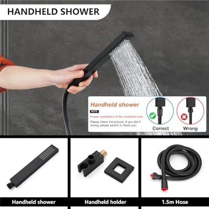 Midanya Shower Faucet Set with Handheld Sprayer,12 Inch,Matte Black | Rough-in Shower Valve and Trim Kit Included,Square Rain Head,Wall Mount Shower System,All Metal,Bathroom - color: Black, size: 12 Inch