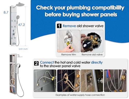 ROVOGO Glass Shower Panel Tower System With Adjustable Shower Head, White | Stainless Rain Shower Head, 5-Setting Handheld, 6 Body Jets, Tub Spout, Shower Column With Brass Mixing Valves, 47-1/5 Inch - color: White Glass Panel