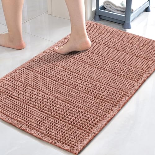 H.VERSAILTEX Upgraded Waffle Bath Mat Super Absorbent Bathroom Mats Non Slip Bath Rugs for Bathroom Floor Machine Washable Dry Fast Bathroom Rugs for Beside Tub, 20" x 32", Soft Pink - color: Soft Pink, size: 20" x 32"