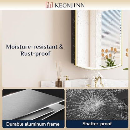 Keonjinn Medicine Cabinet 16 x 26 Inch, Surface Mount or Recessed Cabinets with Mirrors, Gold Metal Framed Wall Mirror with Storage, 2 Adjustable Shelves, Beveled Edge Frame | Adjustable Shelves, Different Curved Frame Design, Wall Mirror with Storage, Su