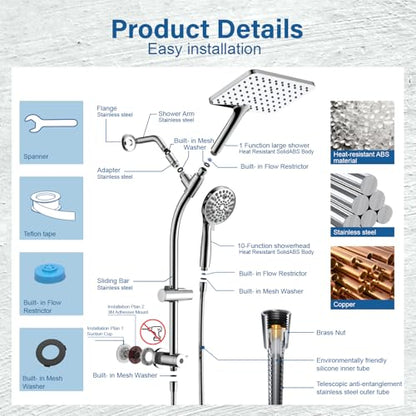 Rain Shower Head with Handheld High Pressure rainfall Shower Heads with Handheld Spray Combo,Premium Polished Chrome - color: Premium Polished Chrome