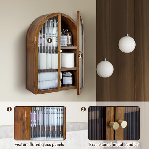 MyGift Medicine Cabinet, Arched Wall Cabinet, Bathroom Medicine Wall Mounted Cupboard, Mid Century Style Floating Storage Cabinet with Glass Door, Natural Acacia Wood
