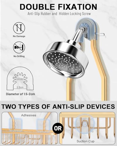 Shower Caddy Hanging - Never Rust Shower Hanging Organizer - Aluminum Over the ShowerHead Caddy with Soap Basket and 6 Razor/Sponge Hooks (Gold) - color: Gold