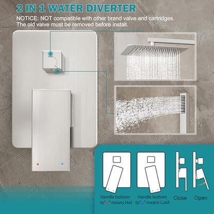 10" Rain Shower System with Handheld & Valve, Brushed Nickel | Wall-Mounted High-Pressure Shower Faucet Combo Set, 10-Inch Rain Shower Head with Handheld Spray,Includes Valve and Trim Kit - color: Brushed Nickel 10