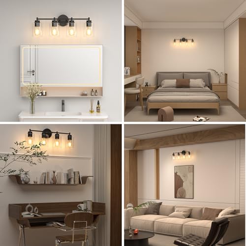 4-Light Bathroom Light Fixtures, Matte Black Modern Vanity Light with Clear Glass Shades, Bathroom Sconce for Mirror Living Room Cabinet Bedroom Porch,E26 Base(Bulbs Not Included) - color: Black 4 Lights