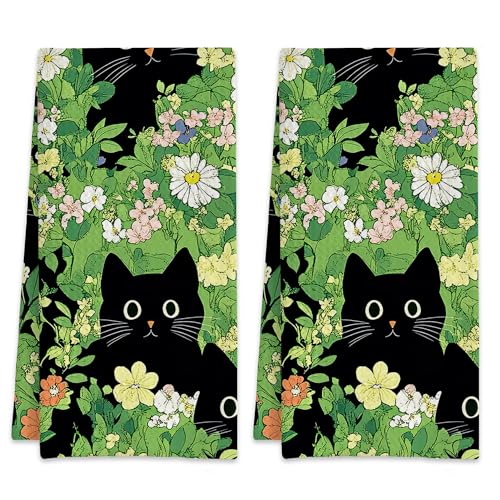 Cute Black Cat and Flowers Hand Towels for Bathroom Set of 2,Absorbent Waffle Weave Kitchen Towels,Decorative Modern Bathroom Towel for Bath,Guest,Shower 16 X 24 Inch - color: Cute Black Cat and Flowers
