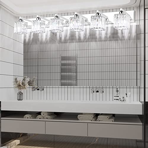 Aipsun Bathroom Vanity Light Fixtures 6 Light Chrome Vanity Light for Bathroom Crystal Vanity Lighting Fixtures (Exclude Bulb) - color: Chrome, size: 49 inch