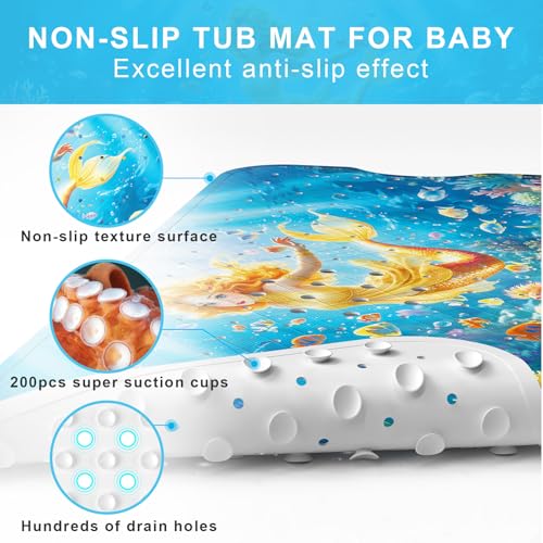 Upgrade Cartoon Baby Bath Mat Non Slip - 40"x16" Extra Long Bathtub Mat for Baby Eco Friendly Durable Bath Mat for Tub Non Slip Kids Tub Mat with Suction Cups, Machine Washable and No Fading, Mermaid - color: G-mermaid-4