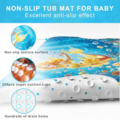 Upgrade Cartoon Baby Bath Mat Non Slip - 40"x16" Extra Long Bathtub Mat for Baby Eco Friendly Durable Bath Mat for Tub Non Slip Kids Tub Mat with Suction Cups, Machine Washable and No Fading, Mermaid - color: G-mermaid-4