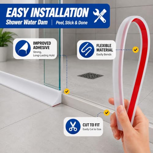 Shower Threshold Water Dam, 39 in Flexible Barrier, Transparent | Flexible peel-and-stick water barrier for shower thresholds, sink edges, and countertops; 39 x 0.79 x 0.47 in - color: Transparent, style: 39Inch